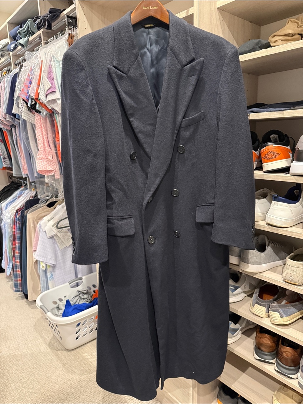 Vintage Saks Fifth Ave Men's Double-Breasted Navy Cashmere Overcoat - Picture 2 of 7